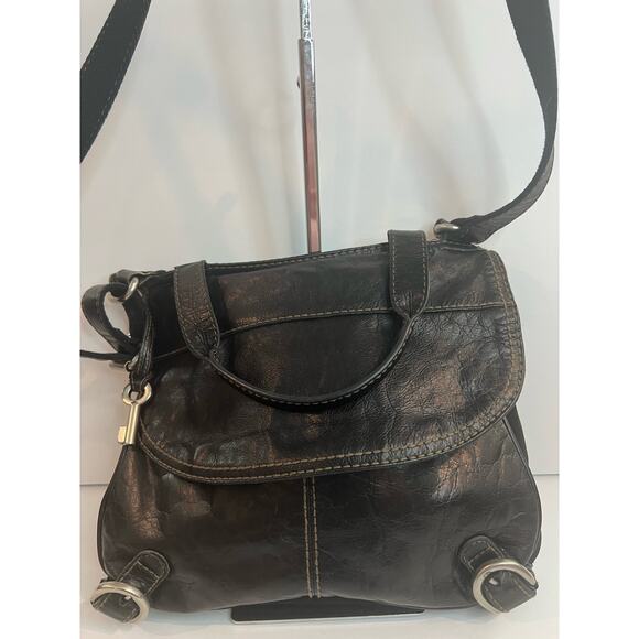 Fossil Lizette Black Leather and Cotton Crossbody Purse Bag Tote - Picture 3 of 14